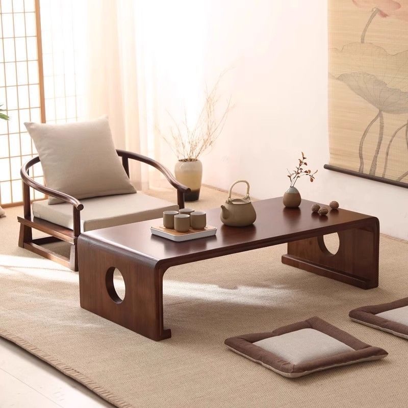 Traditional Japanese Rectangular Paulownia Solid Wood Tatami Coffee Table For Living Room & Bedroom