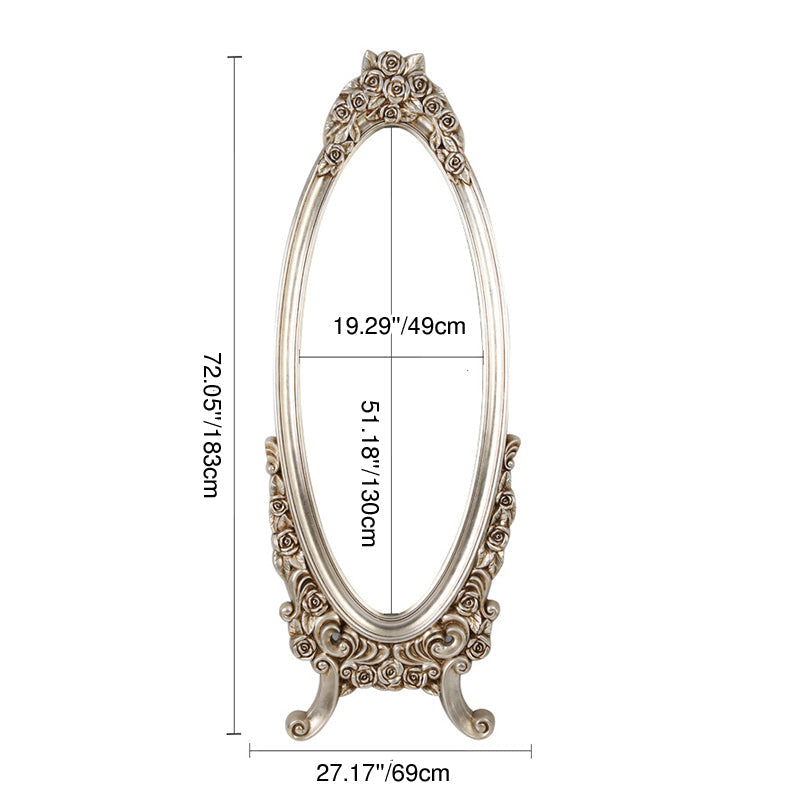 Traditional European Oval PU Faux Wood Float Glass Full-Length Mirror For Bedroom