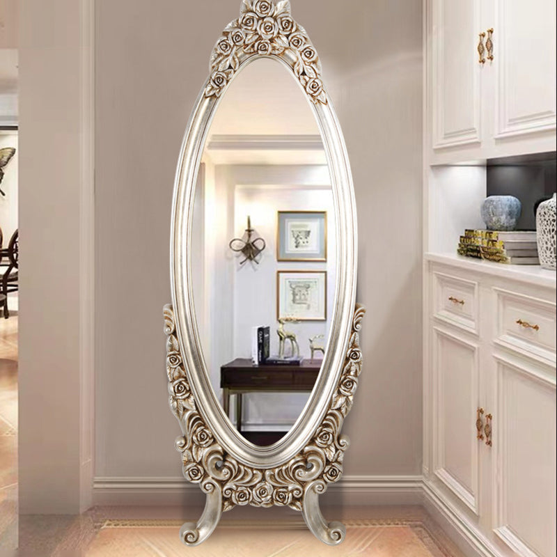 Traditional European Oval PU Faux Wood Float Glass Full-Length Mirror For Bedroom