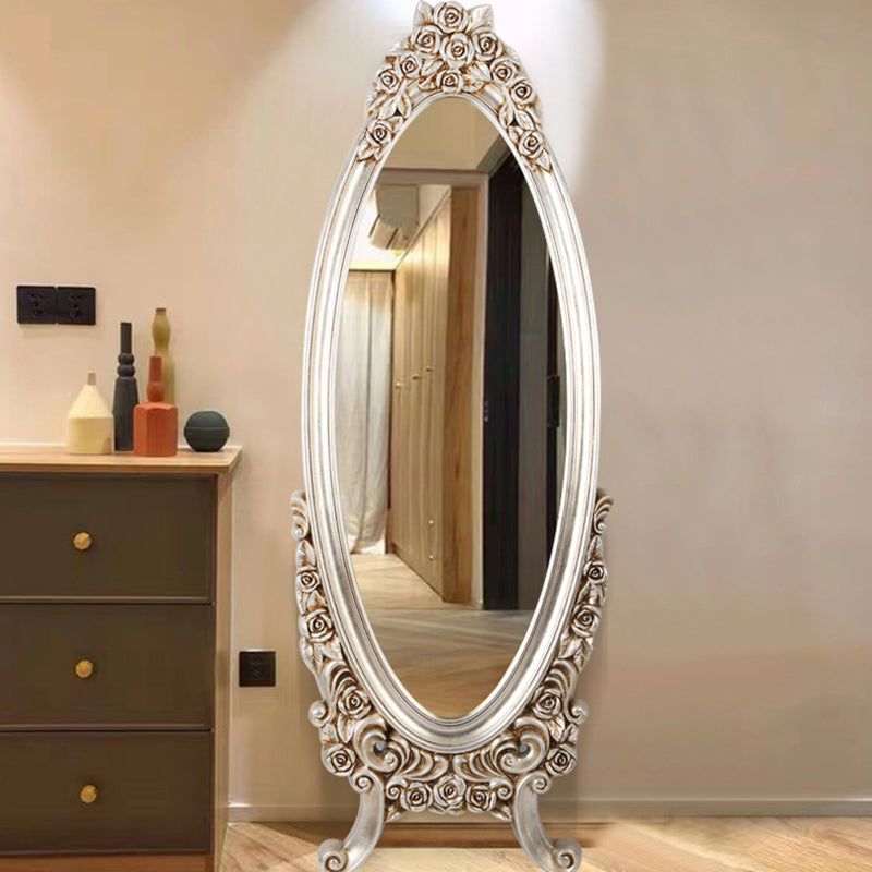 Traditional European Oval PU Faux Wood Float Glass Full-Length Mirror For Bedroom