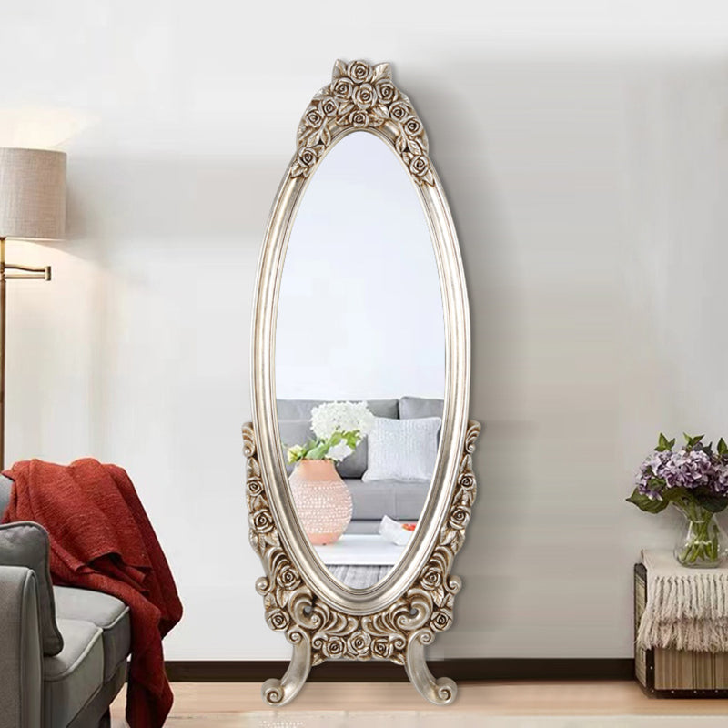 Traditional European Oval PU Faux Wood Float Glass Full-Length Mirror For Bedroom