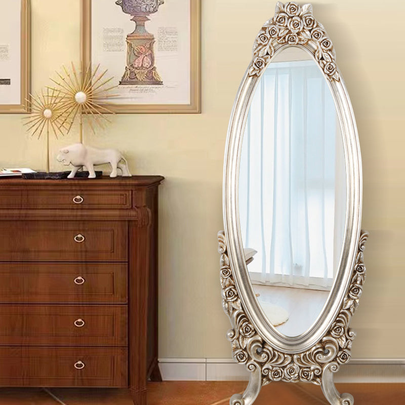 Traditional European Oval PU Faux Wood Float Glass Full-Length Mirror For Bedroom