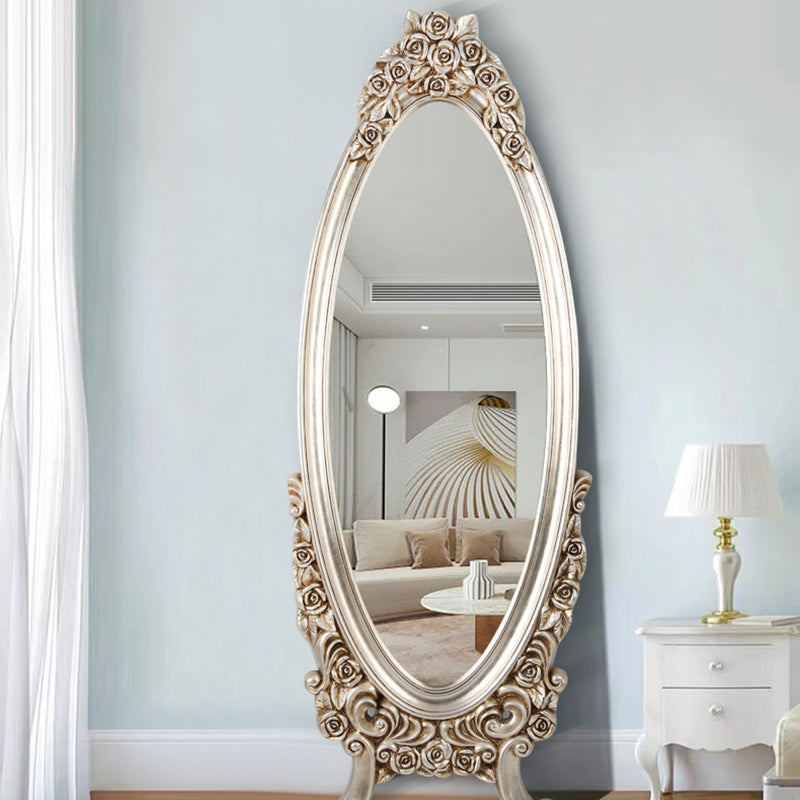 Traditional European Oval PU Faux Wood Float Glass Full-Length Mirror For Bedroom