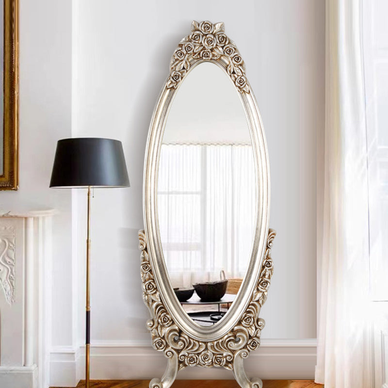 Traditional European Oval PU Faux Wood Float Glass Full-Length Mirror For Bedroom