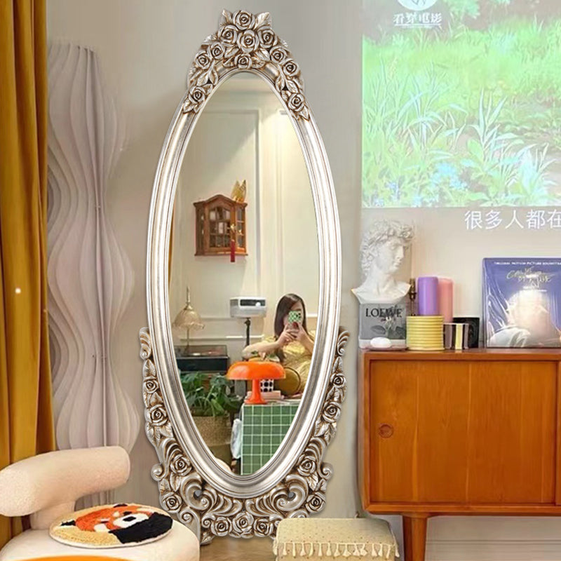 Traditional European Oval PU Faux Wood Float Glass Full-Length Mirror For Bedroom