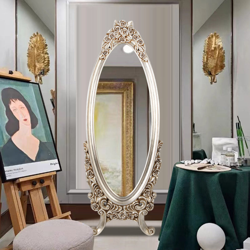 Traditional European Oval PU Faux Wood Float Glass Full-Length Mirror For Bedroom