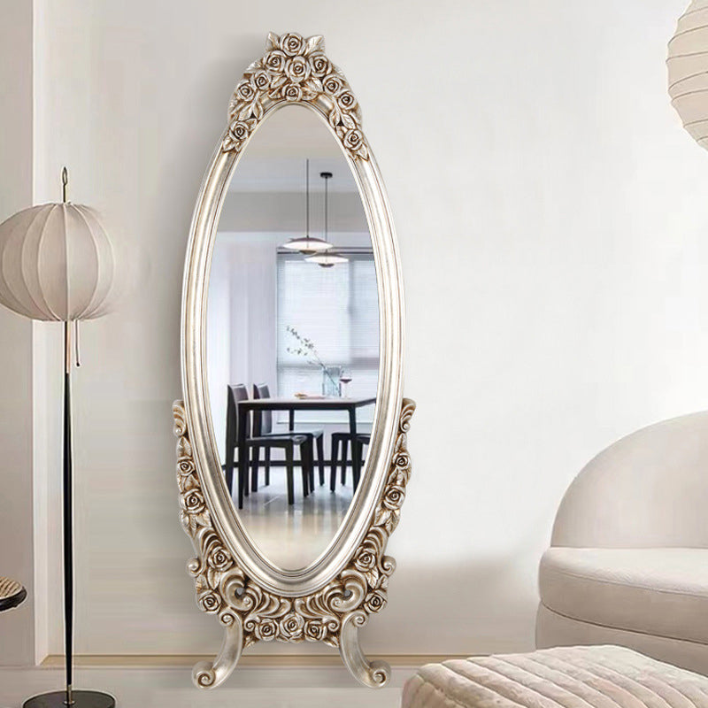 Traditional European Oval PU Faux Wood Float Glass Full-Length Mirror For Bedroom
