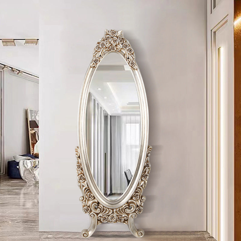Traditional European Oval PU Faux Wood Float Glass Full-Length Mirror For Bedroom