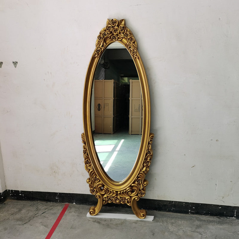 Traditional European Oval PU Faux Wood Float Glass Full-Length Mirror For Bedroom