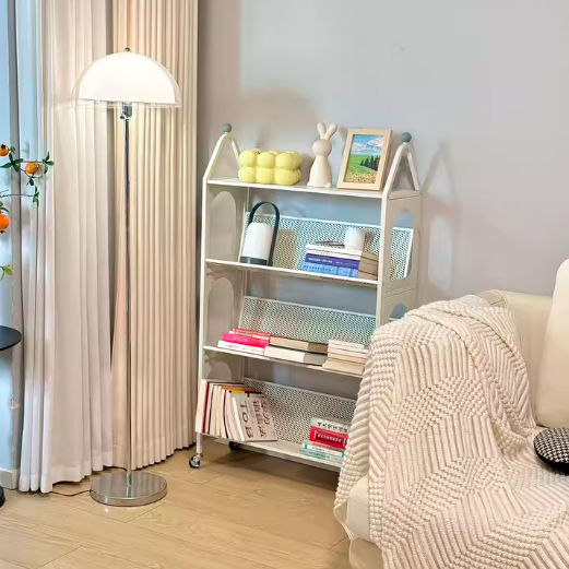 Contemporary Scandinavian Rectangular Carbon Steel Movable Storage Bookshelf 4-Tier For Living Room
