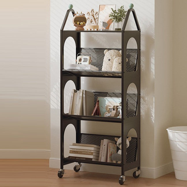 Contemporary Scandinavian Rectangular Carbon Steel Movable Storage Bookshelf 4-Tier For Living Room