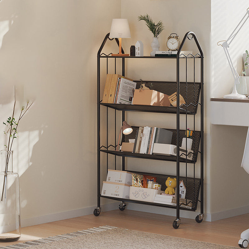 Contemporary Scandinavian Rectangular Carbon Steel Movable Storage Bookshelf 4-Tier For Living Room