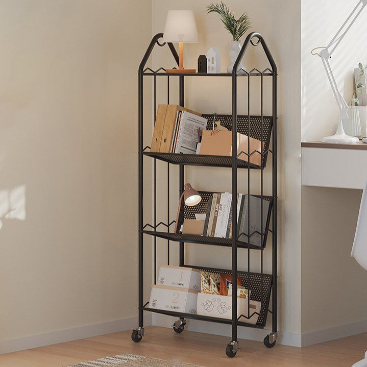 Contemporary Scandinavian Rectangular Carbon Steel Movable Storage Bookshelf 4-Tier For Living Room