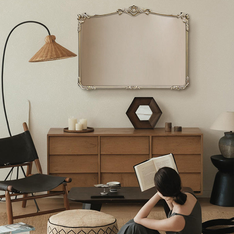 Traditional French Rectangular HD Silver Mirror Medium-Density Fiberboard Carved Wall Mirror For Bathroom & Bedroom