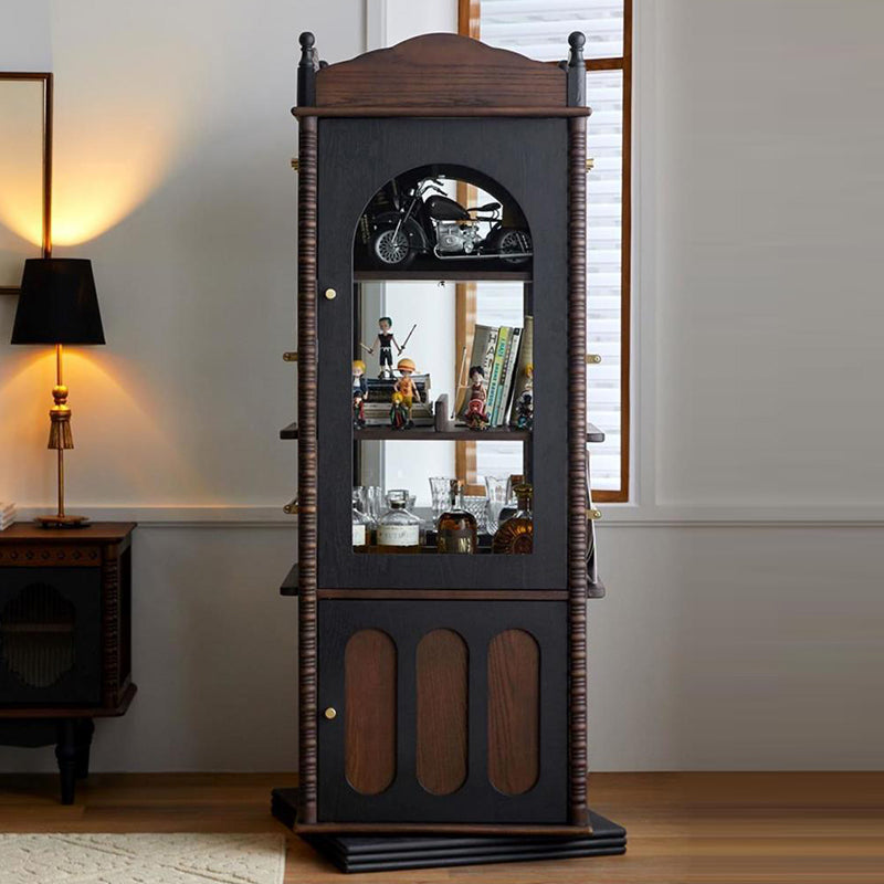 Traditional Vintage Rectangular Solid Wood Multi-Layer Panel Glass Bookshelves 3-Tier 1-Cabinet Rotatable For Living Room