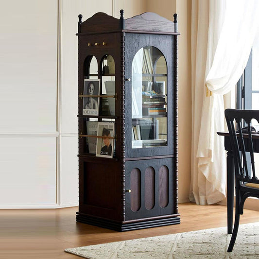 Traditional Vintage Rectangular Solid Wood Multi-Layer Panel Glass Bookshelves 3-Tier 1-Cabinet Rotatable For Living Room