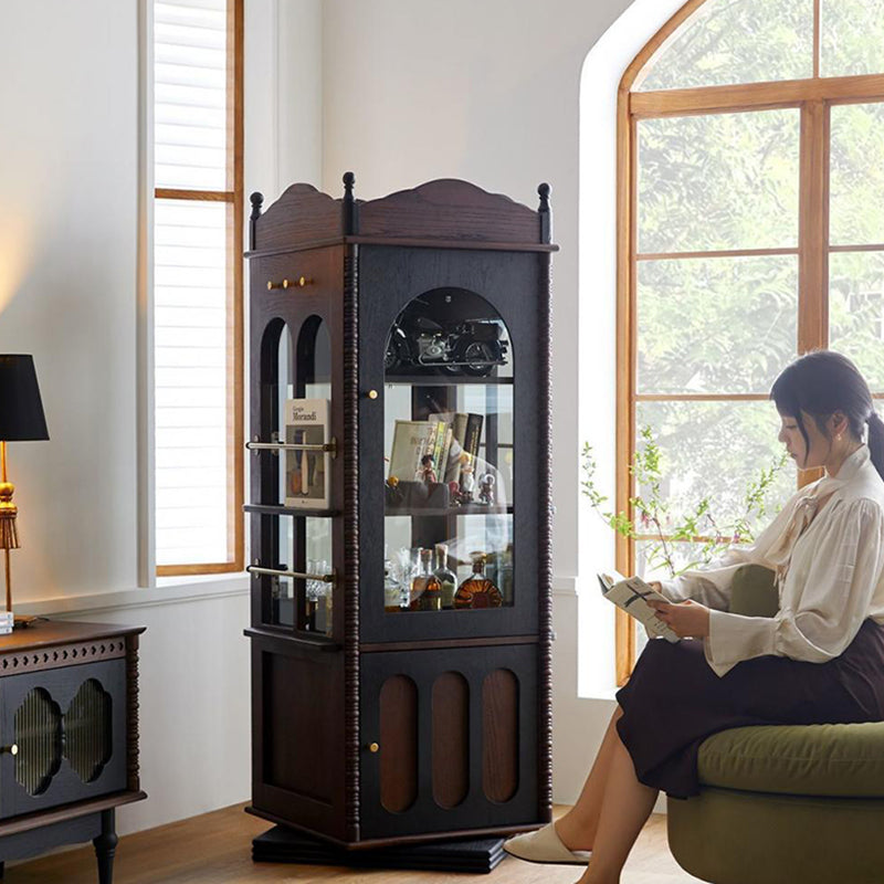 Traditional Vintage Rectangular Solid Wood Multi-Layer Panel Glass Bookshelves 3-Tier 1-Cabinet Rotatable For Living Room