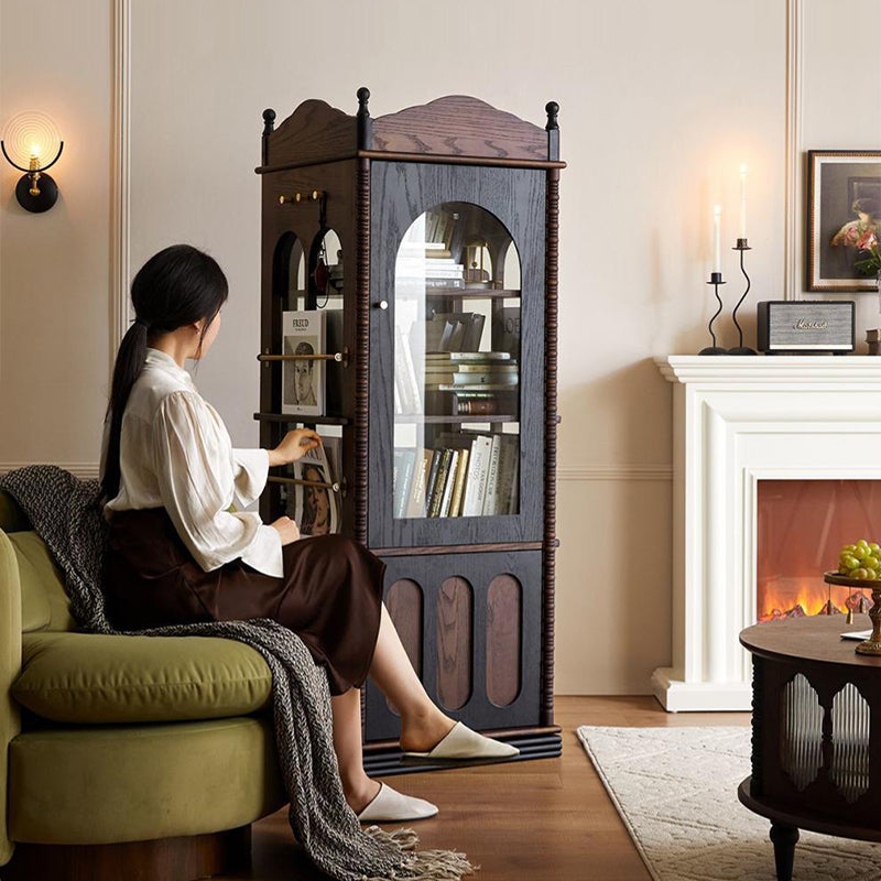Traditional Vintage Rectangular Solid Wood Multi-Layer Panel Glass Bookshelves 3-Tier 1-Cabinet Rotatable For Living Room