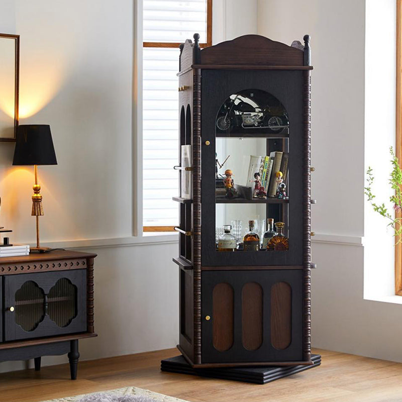 Traditional Vintage Rectangular Solid Wood Multi-Layer Panel Glass Bookshelves 3-Tier 1-Cabinet Rotatable For Living Room