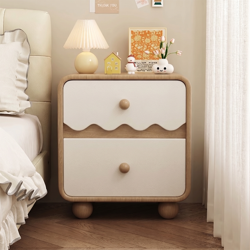 Contemporary Nordic Pine Wood Plywood Cat Scratch Leather Rectangular Nightstand 2-Drawer For Living Room And Bedroom