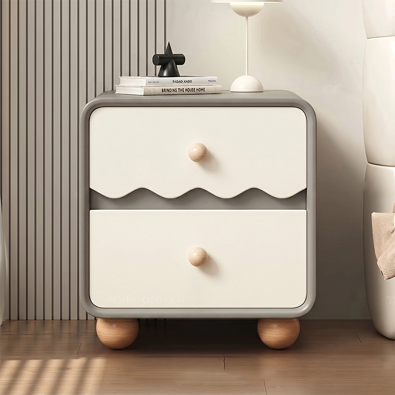 Contemporary Nordic Pine Wood Plywood Cat Scratch Leather Rectangular Nightstand 2-Drawer For Living Room And Bedroom