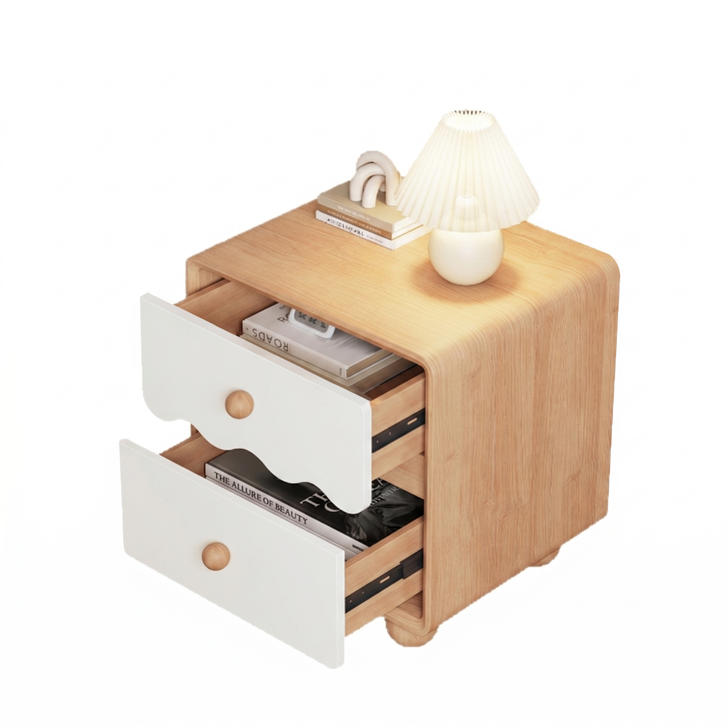 Contemporary Nordic Pine Wood Plywood Cat Scratch Leather Rectangular Nightstand 2-Drawer For Living Room And Bedroom