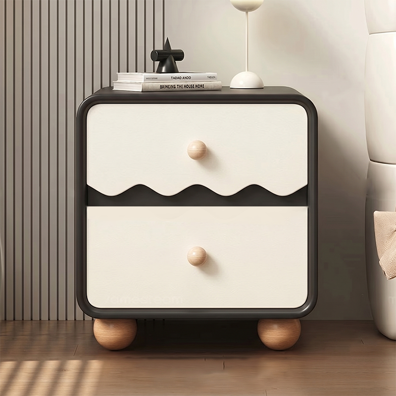 Contemporary Nordic Pine Wood Plywood Cat Scratch Leather Rectangular Nightstand 2-Drawer For Living Room And Bedroom