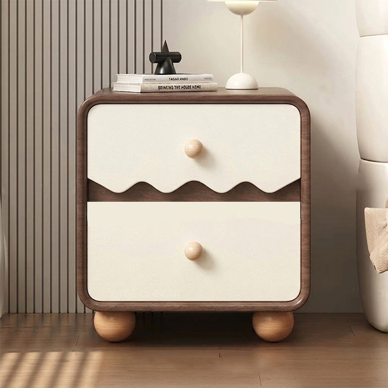 Contemporary Nordic Pine Wood Plywood Cat Scratch Leather Rectangular Nightstand 2-Drawer For Living Room And Bedroom