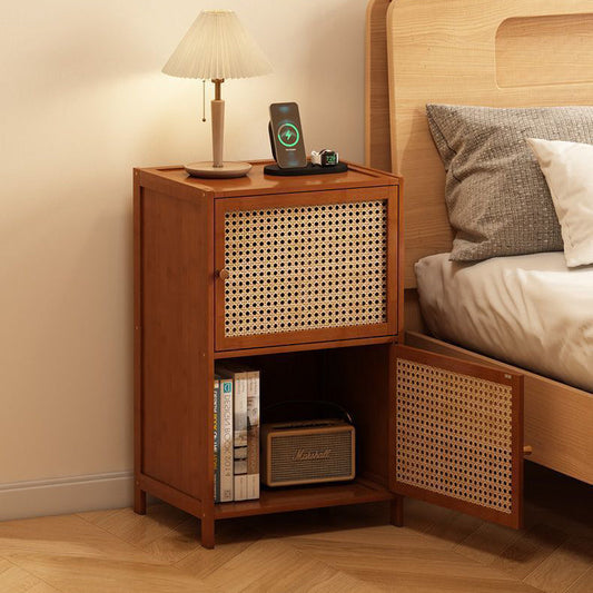 Contemporary Retro Weaving Bamboo Fiberboard Rectangular Nightstand 2 Storage Cabinets For Bedroom