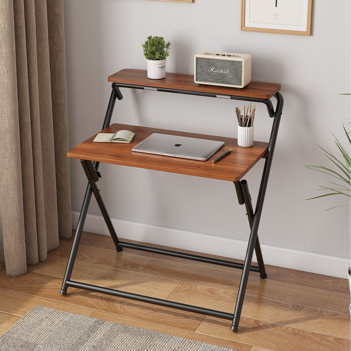 Modern Minimalist MDF Iron Rectangular Foldable Desk With 2 Tiers For Home Office And Study