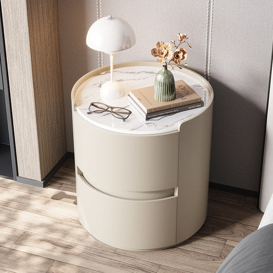 Modern Minimalist Synthetic Leather Velvet Rock Slab & Solid Wood Plywood Round Nightstand With 2 Drawers For Bedside Use