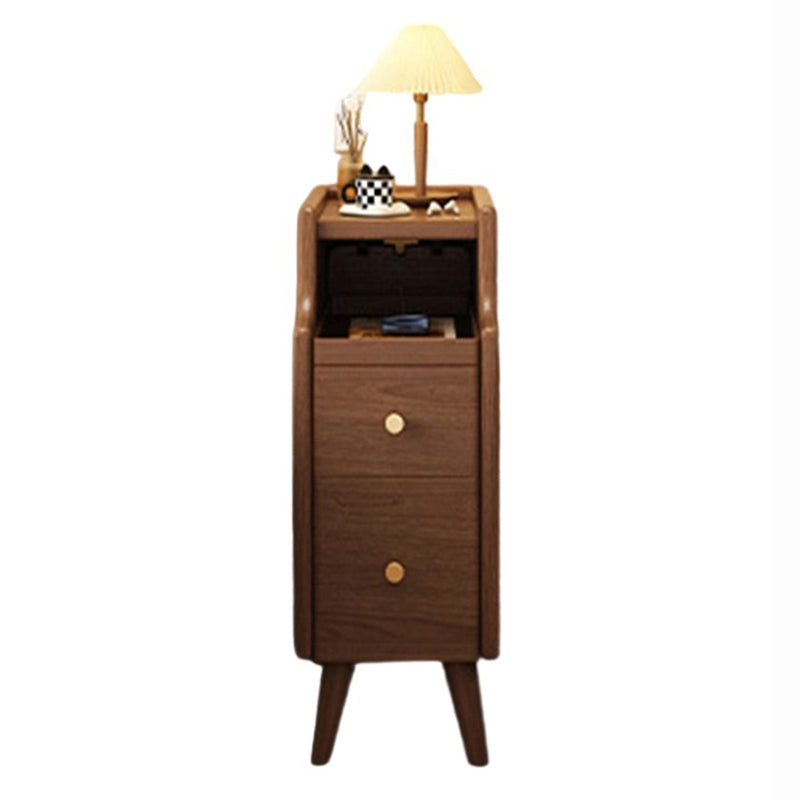 Contemporary Nordic Rubber Wood Hardware Rectangular Narrow Nightstand With 2-Drawer And 1-Cabinet For Bedside Storage