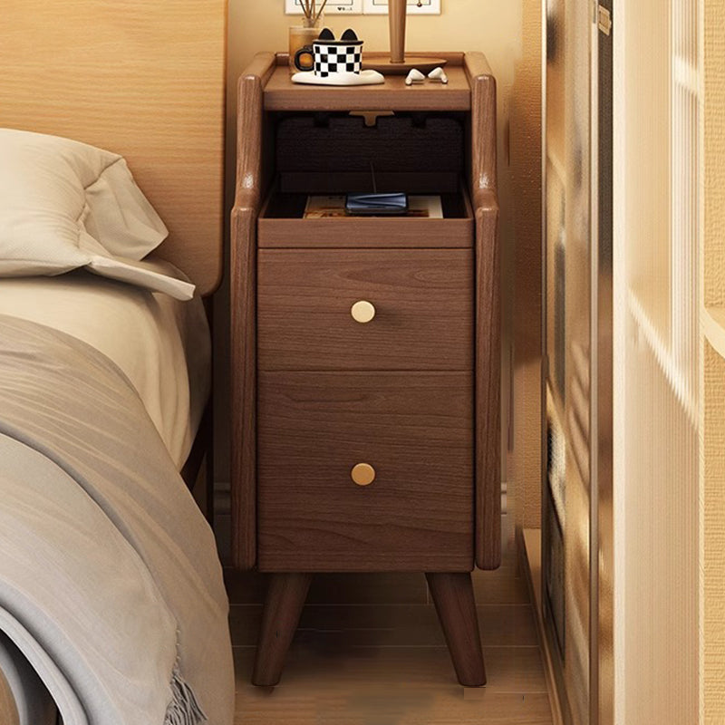Contemporary Nordic Rubber Wood Hardware Rectangular Narrow Nightstand With 2-Drawer And 1-Cabinet For Bedside Storage