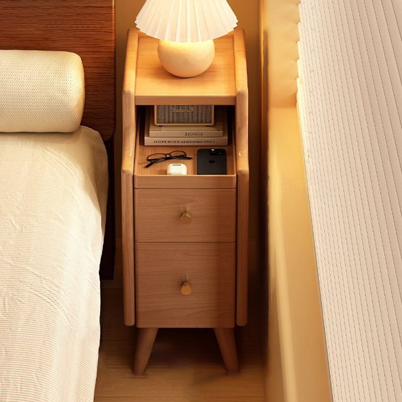 Contemporary Nordic Rubber Wood Hardware Rectangular Narrow Nightstand With 2-Drawer And 1-Cabinet For Bedside Storage