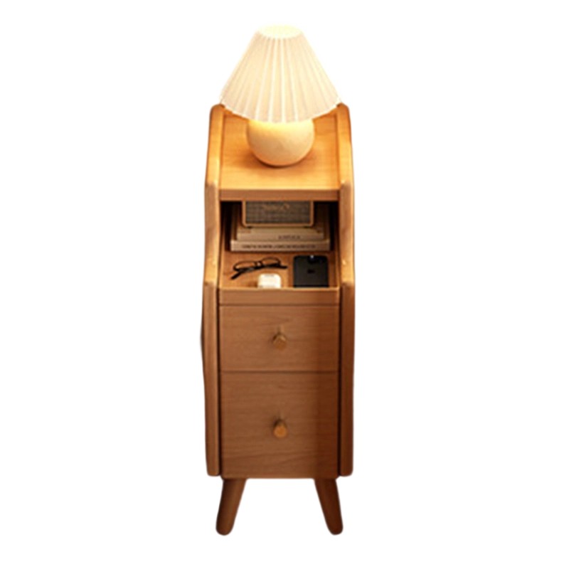 Contemporary Nordic Rubber Wood Hardware Rectangular Narrow Nightstand With 2-Drawer And 1-Cabinet For Bedside Storage