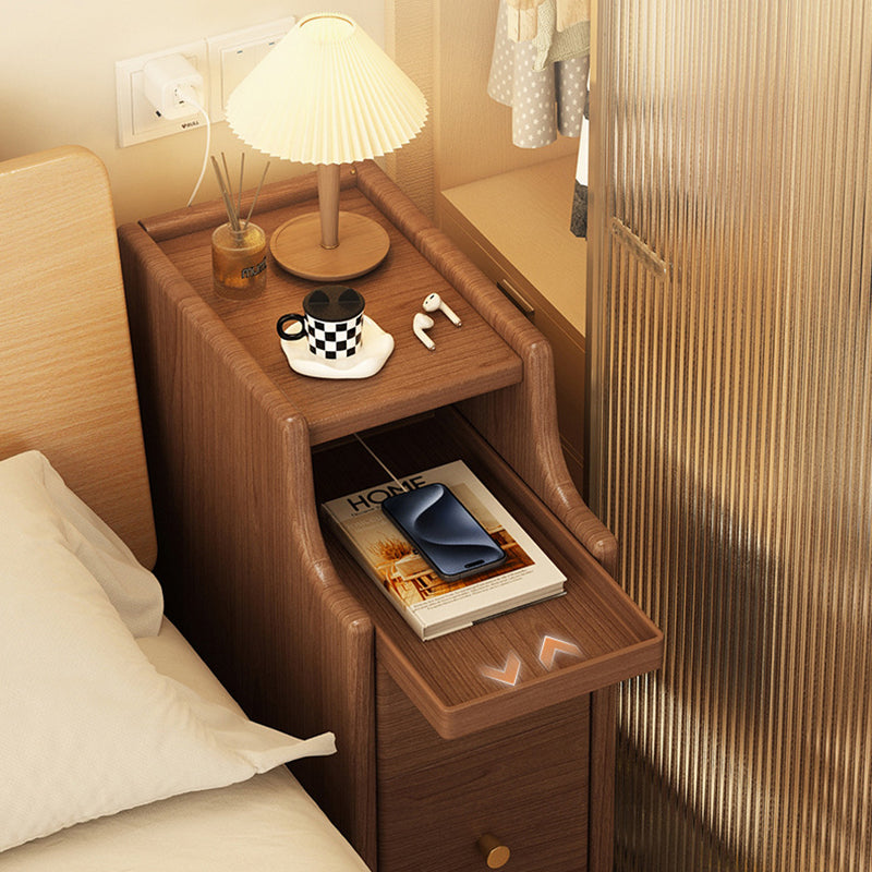 Contemporary Nordic Rubber Wood Hardware Rectangular Narrow Nightstand With 2-Drawer And 1-Cabinet For Bedside Storage