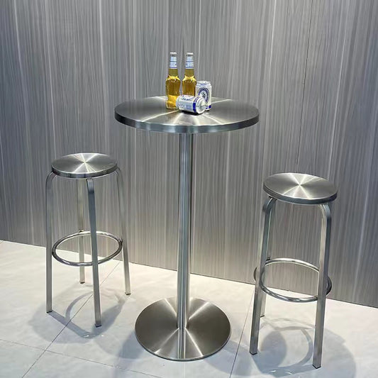 Contemporary Industrial Stainless Steel Round Tall Coffee Table & Stool Set For Kitchen & Living Room