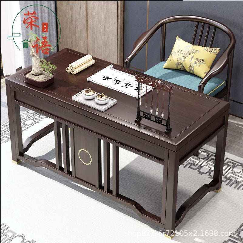 Traditional Chinese Solid Rubber Wood Brass Rectangular Vertical Beam Desk & Chair Set 3-Drawer For Home Office