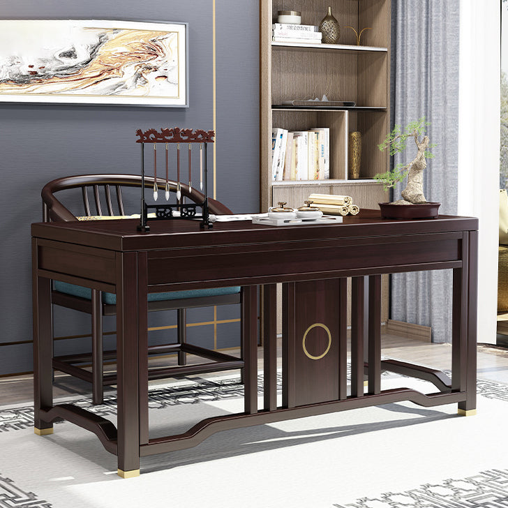 Traditional Chinese Solid Rubber Wood Brass Rectangular Vertical Beam Desk & Chair Set 3-Drawer For Home Office