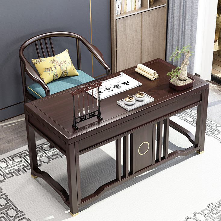 Traditional Chinese Solid Rubber Wood Brass Rectangular Vertical Beam Desk & Chair Set 3-Drawer For Home Office