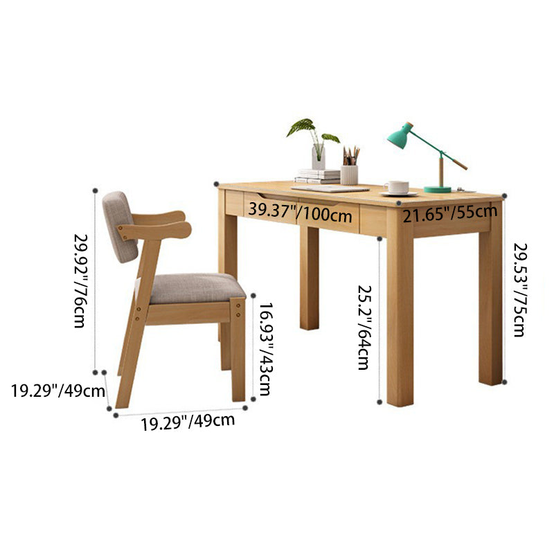 Contemporary Nordic Rubber Wood Plywood Rectangular Desk & Chair Set 2-Drawer For Study