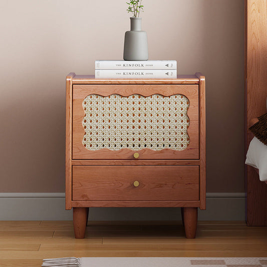 Traditional Vintage Trapezoidal Rubberwood Rattan Pine Plywood Nightstand 1-Storage 1-Drawer For Bedroom