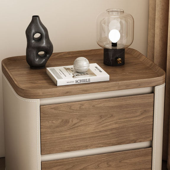 Modern Minimalist Rectangular Plywood Pine Wood Faux Saddle Leather Nightstand 2-Drawer For Bedroom