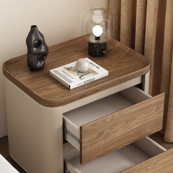 Modern Minimalist Rectangular Plywood Pine Wood Faux Saddle Leather Nightstand 2-Drawer For Bedroom