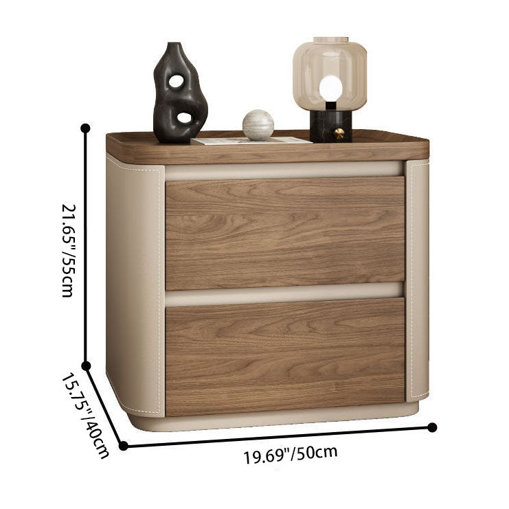 Modern Minimalist Rectangular Plywood Pine Wood Faux Saddle Leather Nightstand 2-Drawer For Bedroom