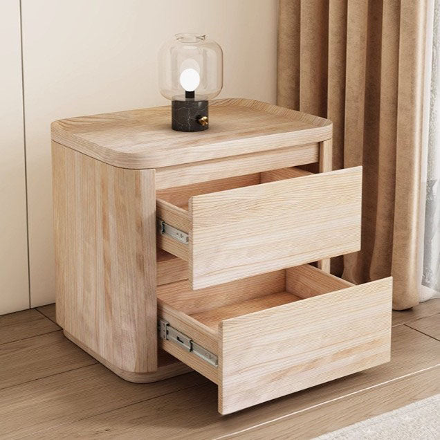 Modern Minimalist Rectangular Plywood Pine Wood Faux Saddle Leather Nightstand 2-Drawer For Bedroom