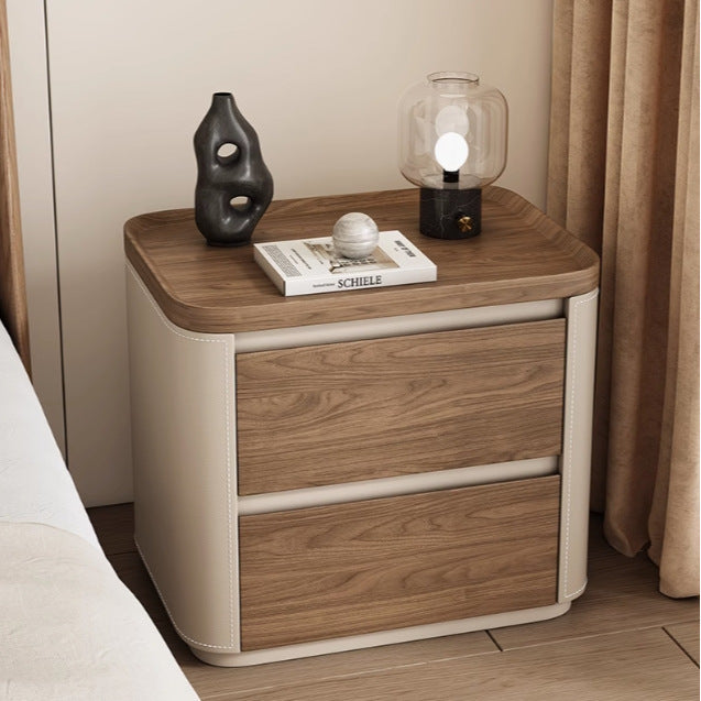 Modern Minimalist Rectangular Plywood Pine Wood Faux Saddle Leather Nightstand 2-Drawer For Bedroom