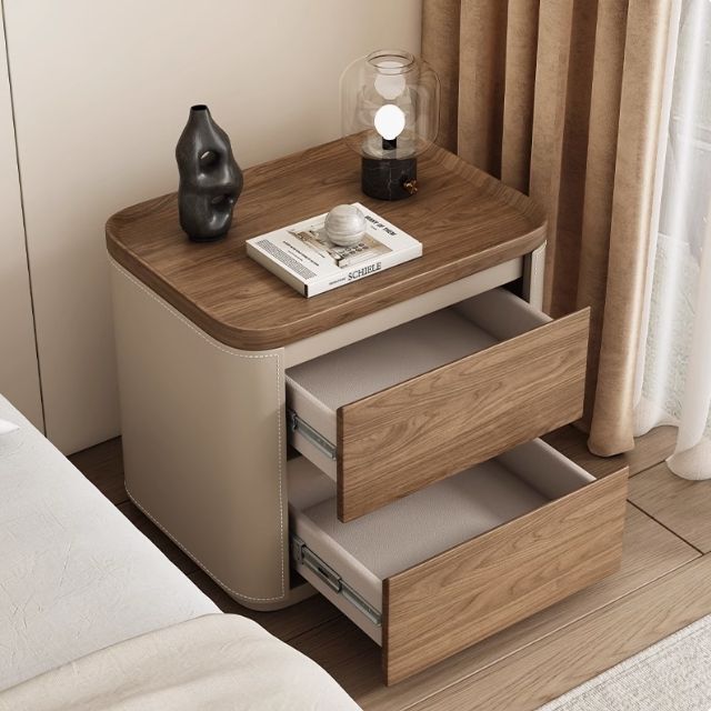 Modern Minimalist Rectangular Plywood Pine Wood Faux Saddle Leather Nightstand 2-Drawer For Bedroom