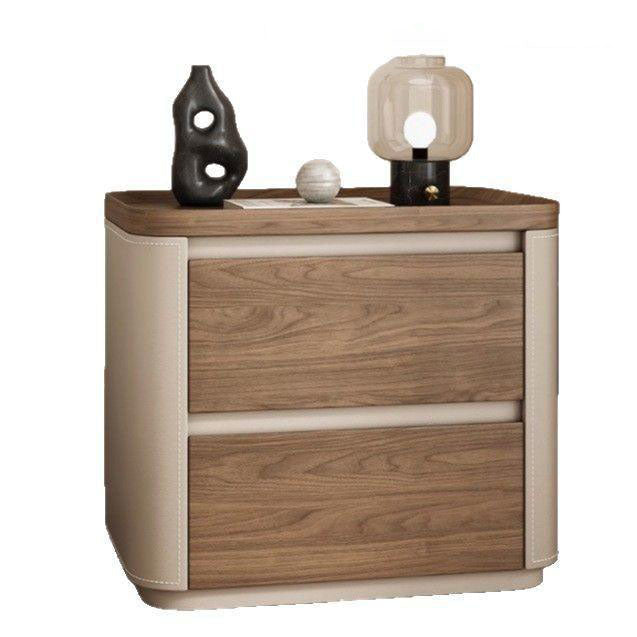 Modern Minimalist Rectangular Plywood Pine Wood Faux Saddle Leather Nightstand 2-Drawer For Bedroom