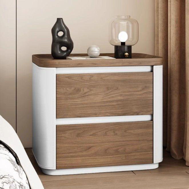 Modern Minimalist Rectangular Plywood Pine Wood Faux Saddle Leather Nightstand 2-Drawer For Bedroom